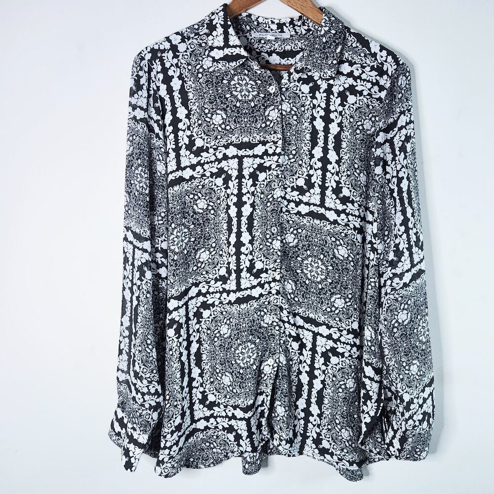 Rose + Olive Womens Black White Floral Geometric Button Up Blouse Size XL Flowy